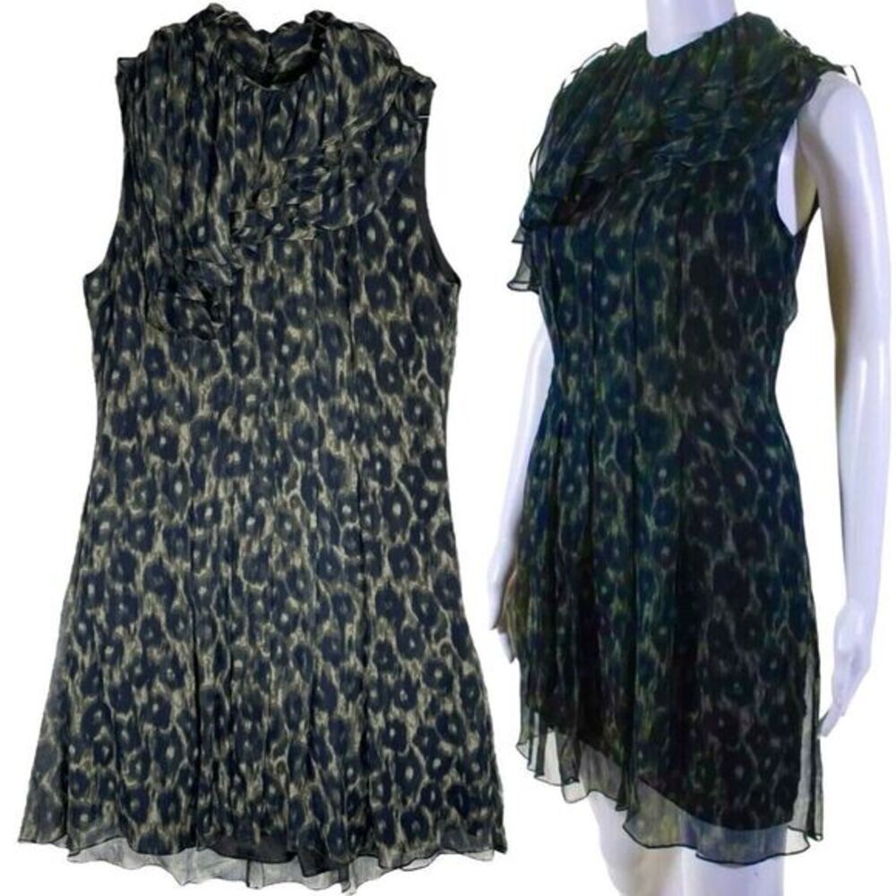 Julie Haus Mock Neck Silk Ruffled Mini Dress Size‎ 4 Leopard Sleeveless Anthro
